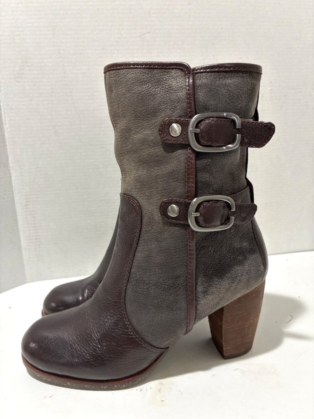 NAYA LIGHTNING SZ 8 M BLACK BROWN LEATHER SHORT MOTO ANKLE BOOTS HEELS